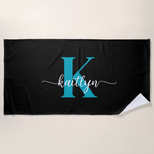 Serviette De Plage Monogramme sarcelle noir (Devant)