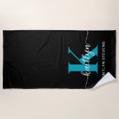 Serviette De Plage Monogramme sarcelle noir (Devant)
