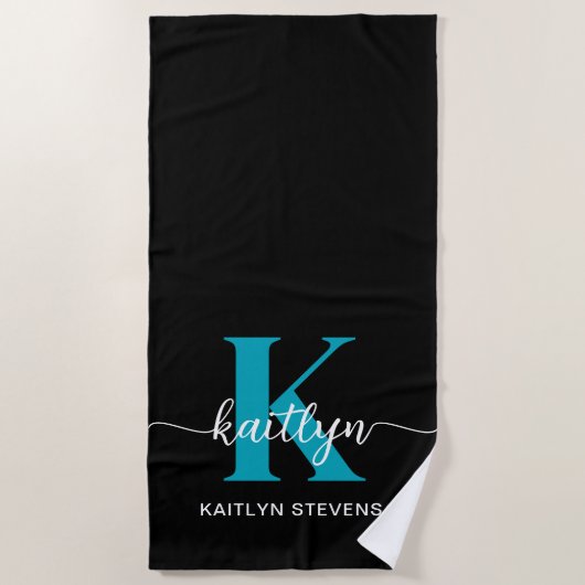 Serviette De Plage Monogramme sarcelle noir (Devant)