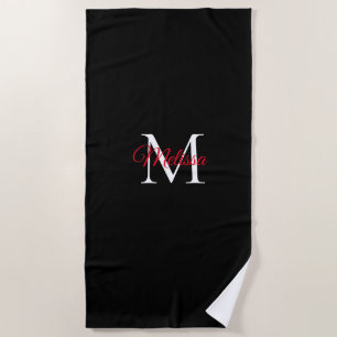 Serviette De Plage Monogramme simple moderne noir rouge