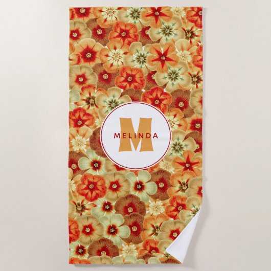 Serviette De Plage Monogramme super Retro Orange Hippie Fleurs (Devant)