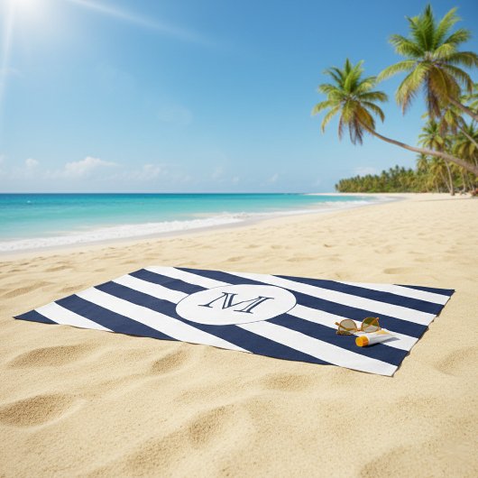 Serviette De Plage Monogramme sur mesure bleu et blanc de la marine n