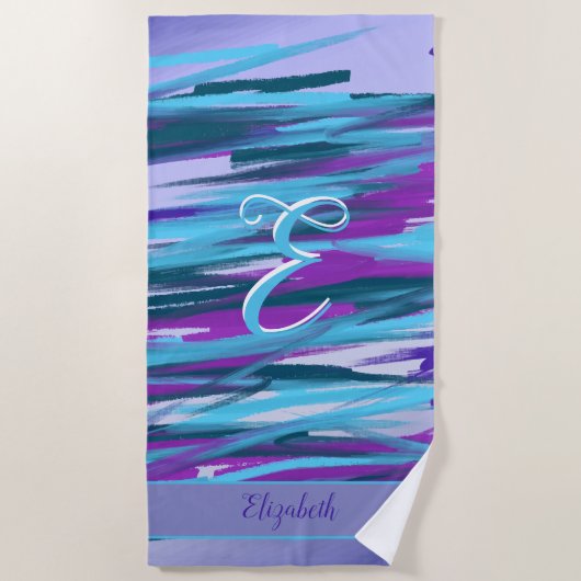 Serviette De Plage Monogramme violet, Aqua, Turquoise & Vert Art Abst (Devant)