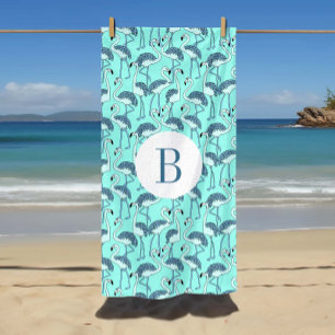 Serviette De Plage Monogrammed Blue Tropical Flamingos
