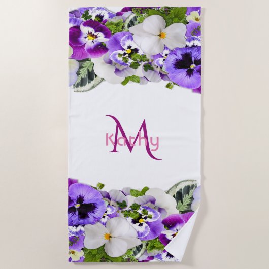 Serviette De Plage Monographie blanche de fleurs violettes (Devant)