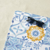 Serviette De Plage Monographie de fruit de citron, carreau bleu (En situation)