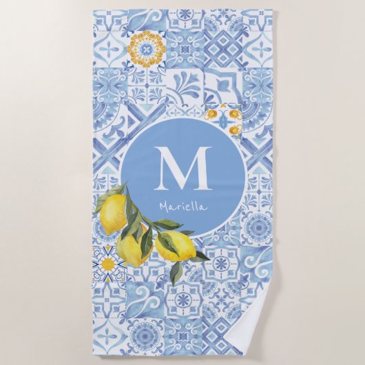 Serviette De Plage Monographie de fruit de citron, carreau bleu (Devant)