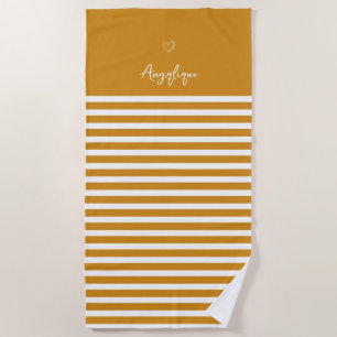 Serviette De Plage Monongramme du coeur et des rayures jaunes moderne