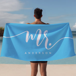Serviette De Plage Monsieur Blue And White Jeune Marié Personnalisé