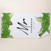 Serviette De Plage Monsieur Feuilles Tropicales Modernes Écriture Min (Devant)