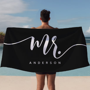 Serviette De Plage Monsieur marié personnalisé noir et blanc