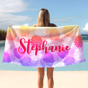 Serviette De Plage Monstera Feuilles Tropical Sunset Hot rose Nom