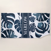 Serviette De Plage Monstera Leaf Navy & White Tropical Beach Towne (Devant)