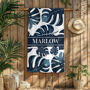 Serviette De Plage Monstera Leaf Navy & White Tropical Beach Towne