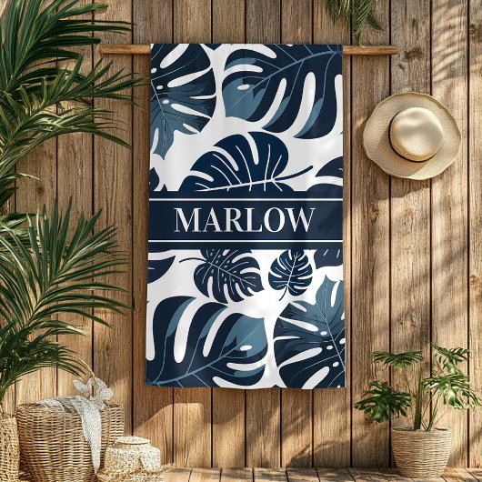 Serviette De Plage Monstera Leaf Navy & White Tropical Beach Towne
