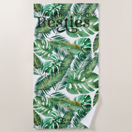 Serviette De Plage Monstera Palm Banana Feuilles tropicaux | Monogram (Devant)