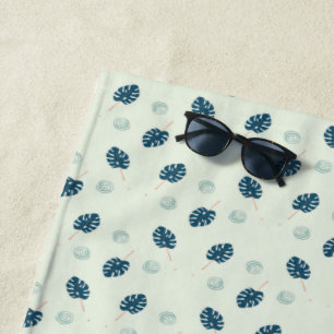 Serviette De Plage Monstère tropicale monogramme feuille sur bleu