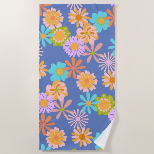 Serviette De Plage Motif à fleurs Hippie rétro en bleu (Devant)