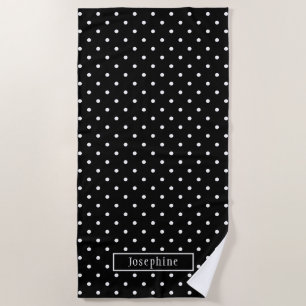 Serviette De Plage Motif à pois blancs sur fond noir avec nom personn