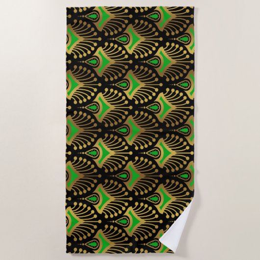 Serviette De Plage Motif Art déco or et vert sur noir (Devant)