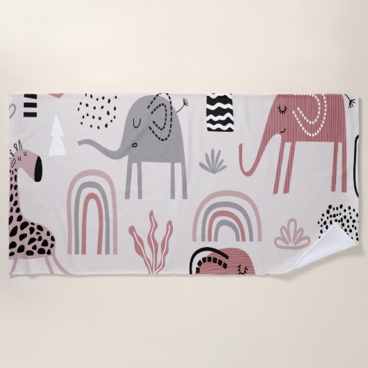 Serviette De Plage motif avec de mignons éléphants et girafes géant (Devant)