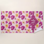 Serviette De Plage Motif botanique d'aquarelle du monogramme | (Devant)