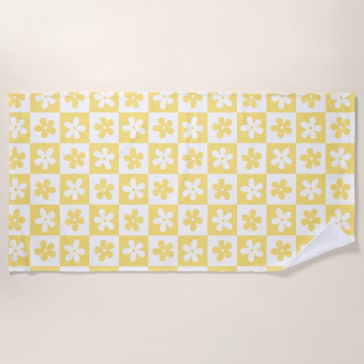 Serviette De Plage Motif caro jaune et blanc (Devant)