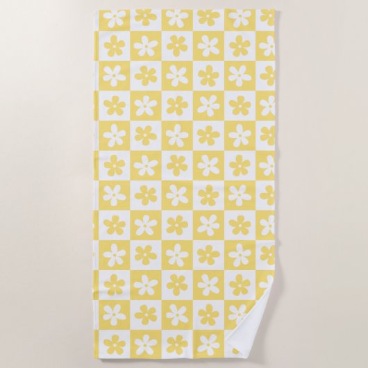 Serviette De Plage Motif caro jaune et blanc (Devant)