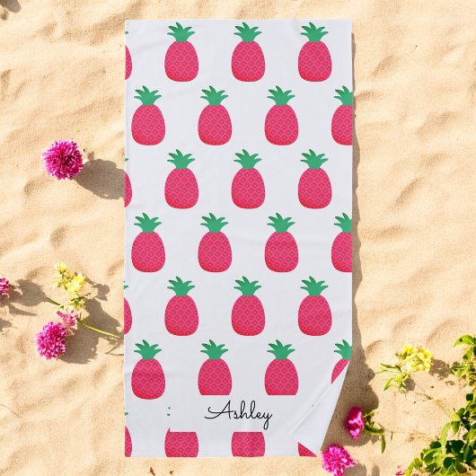 Serviette De Plage Motif Chic Ananas Rose Blanc