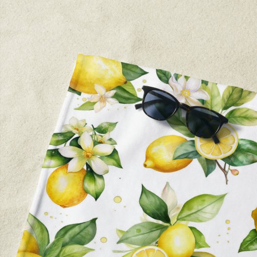 Serviette De Plage Motif citron, Fleurs de citron, Feuilles, Citrus (En situation)