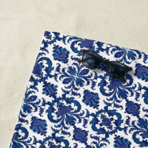 Serviette De Plage Motif damassé bleu, violet et blanc