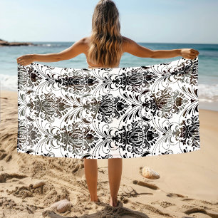 Serviette De Plage Motif damassé ornemental vintage blanc et noir