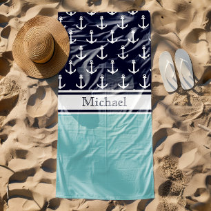 Serviette De Plage Motif d'ancre bleu marine clair Nom Naudique