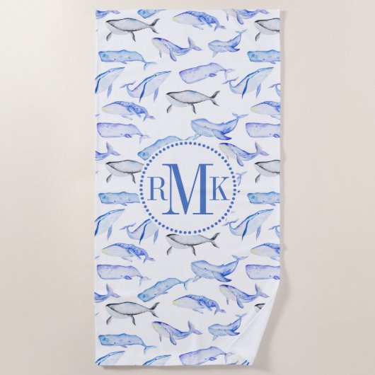 Serviette De Plage Motif de baleine bleue d'aquarelle (Devant)