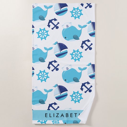 Serviette De Plage Motif De Baleines, Baleines Bleues, Votre Nom (Devant)