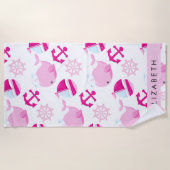 Serviette De Plage Motif De Baleines, Baleines Roses, Votre Nom (Devant)