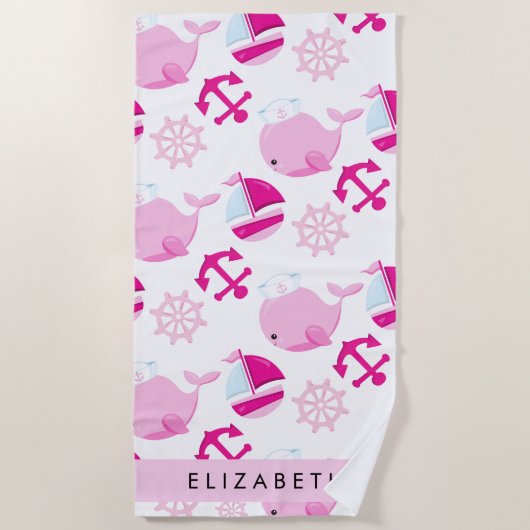 Serviette De Plage Motif De Baleines, Baleines Roses, Votre Nom (Devant)