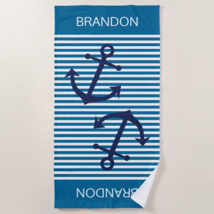 Serviette De Plage Motif de bandes préppines bleu marine personnalisé