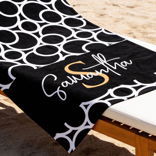 Serviette De Plage Motif de cercle noir et blanc avec monogramme