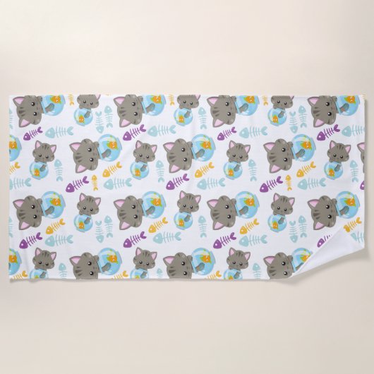 Serviette De Plage Motif De Chats, Chats Mignons, Chatons, Poisson (Devant)