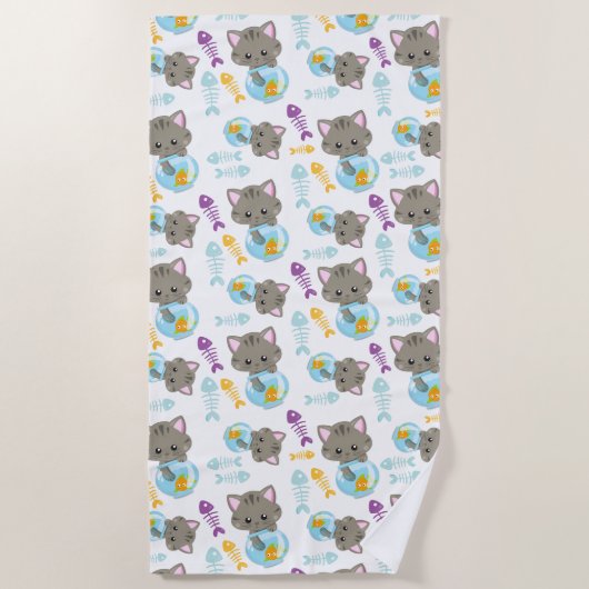 Serviette De Plage Motif De Chats, Chats Mignons, Chatons, Poisson (Devant)