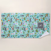Serviette De Plage Motif de Chien Tropical| Monogramme| Aqua (Devant)