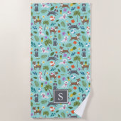 Serviette De Plage Motif de Chien Tropical| Monogramme| Aqua (Devant)