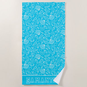 Serviette De Plage Motif de coquillages sur bleu clair Personnalisé