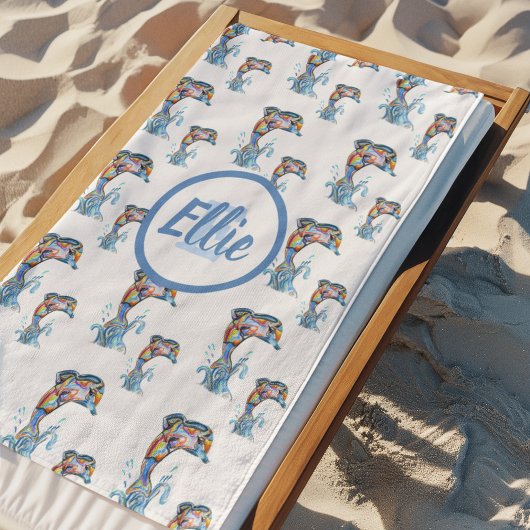 Serviette De Plage Motif de dauphins de crayon couleur monogramme