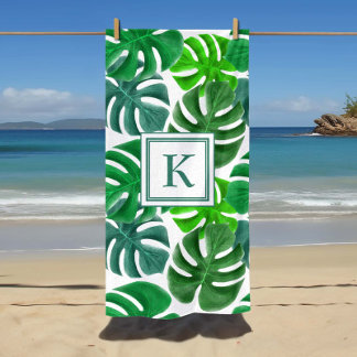 Serviette De Plage Motif de feuille de palmier tropical monogramme