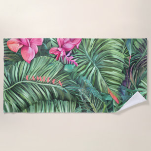 Serviette De Plage Motif de feuille verte rose personnalisé Été plage
