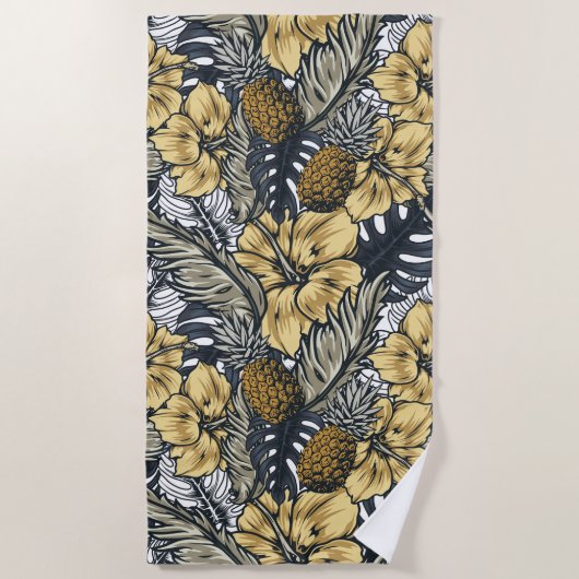 Serviette De Plage Motif de feuilles et de fleurs tropicales (Devant)
