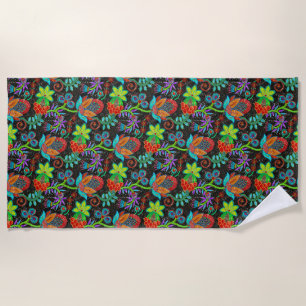 Serviette De Plage Motif de fleurs exotiques colorées, aspect perles