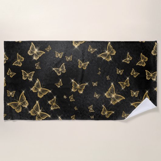 Serviette De Plage Motif de glam or et papillons noirs (Devant)